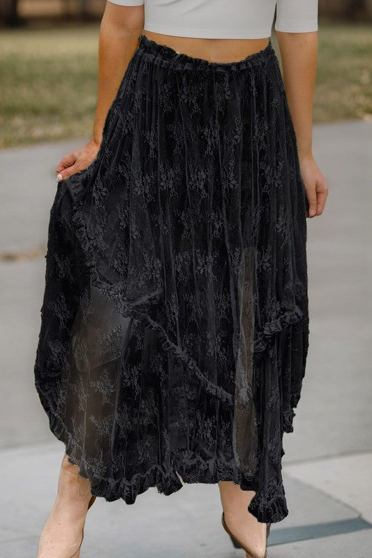 Boho Lace Midi Skirt with Cascading Layers