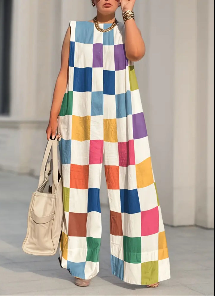 Rainbow Checkerprint Jumpsuit – Trendy Full-Length Women’s Fashion with Pockets