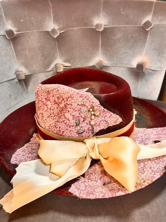 Handmade Bourbon Grae fashion hat with feathers and leather trim