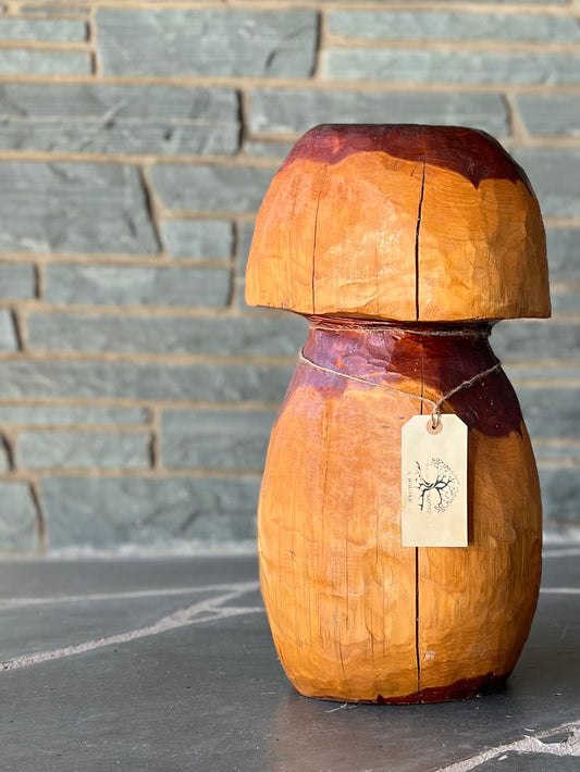 Rustic chainsaw carved toadstool sculpture for indoor or outdoor display