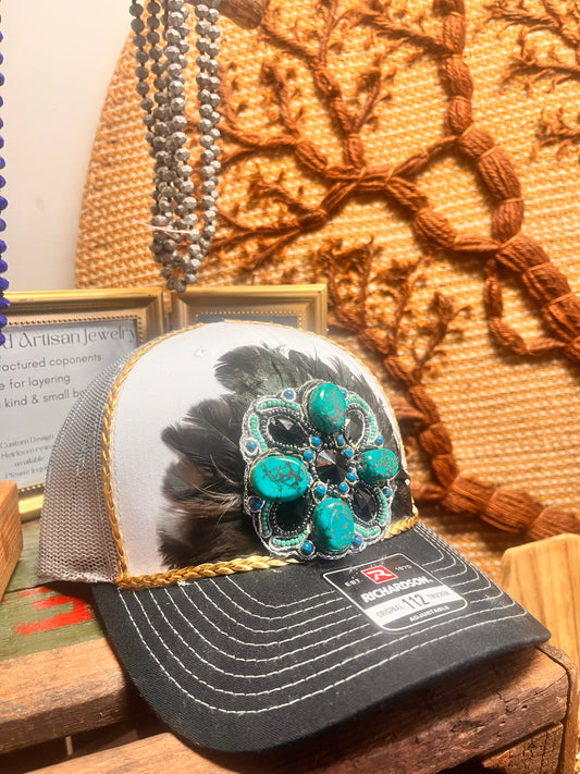 Handmade boho hat with feathers and gemstone accents