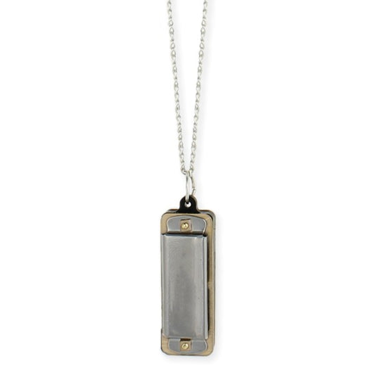 Long Silver Link Chain with Working Harmonica Pendant