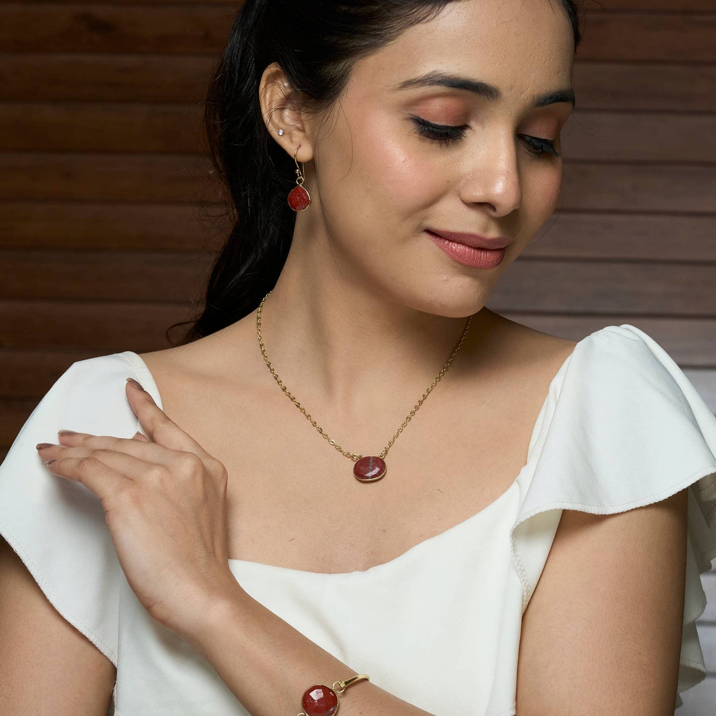 Anju Jewelry - Gold Plated Necklace with Semi-Precious Stone - Red Jasper