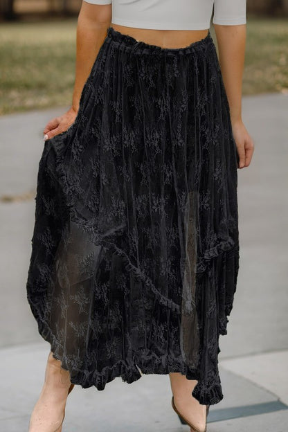 Boho Lace Midi Skirt with Cascading Layers