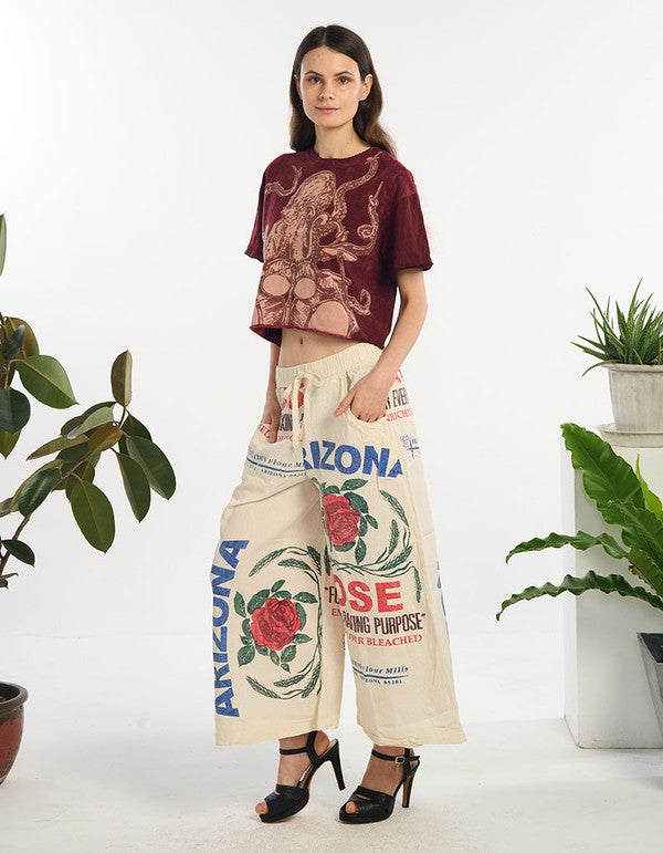 Handmade Feed Sack Pants – 100% Cotton Boho Trousers Made in Nepal (One Size Fits 4–14)