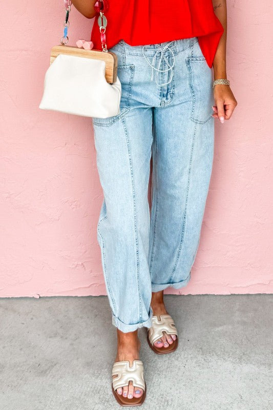 Lightweight Barrel Denim Pants with Drawstring Waist