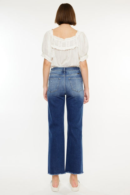 Kancan High Rise 90’s Criss Cross Straight Jeans – Dark Wash Stretch Denim with Frayed Hem