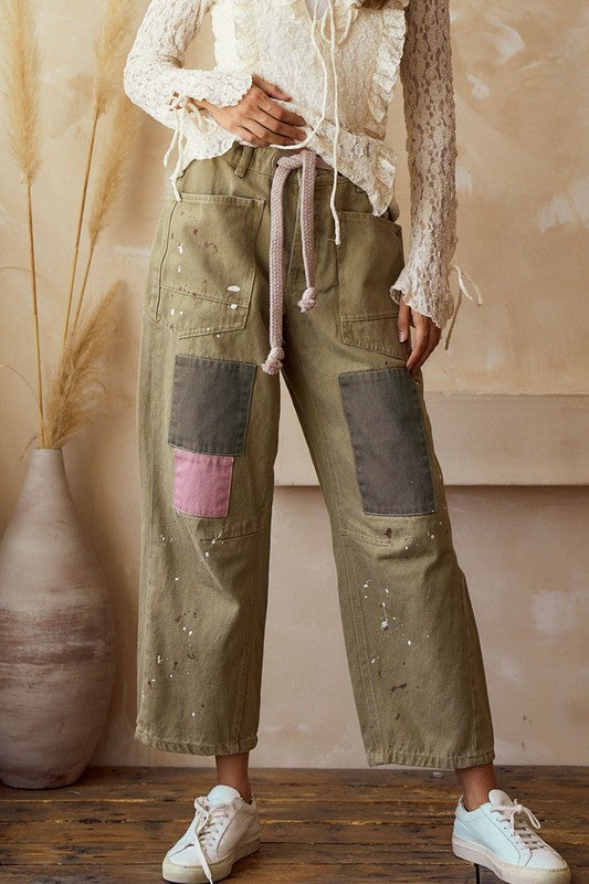 Olive Green Patchwork Paint-Splattered Pants – Rope Waist Button-Fly Straight Ankle Trousers Curated by Emporium 23
