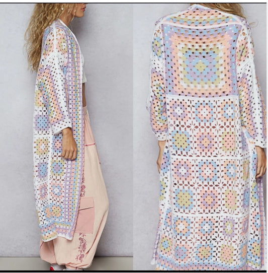 POL Crochet Granny Square Pastel Duster Cardigan – One Size Boho Statement Sweater