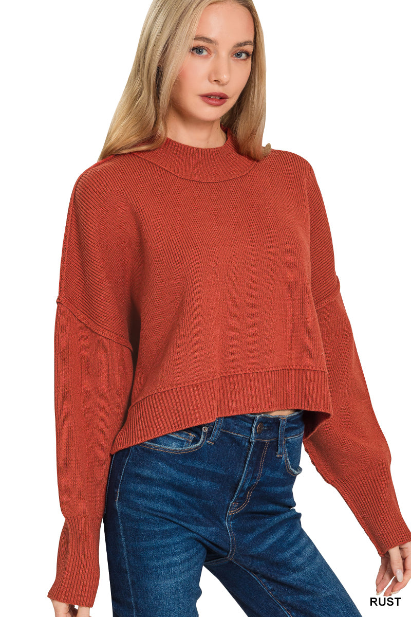 Zenana Sand Beige Mock Neck Crop Sweater