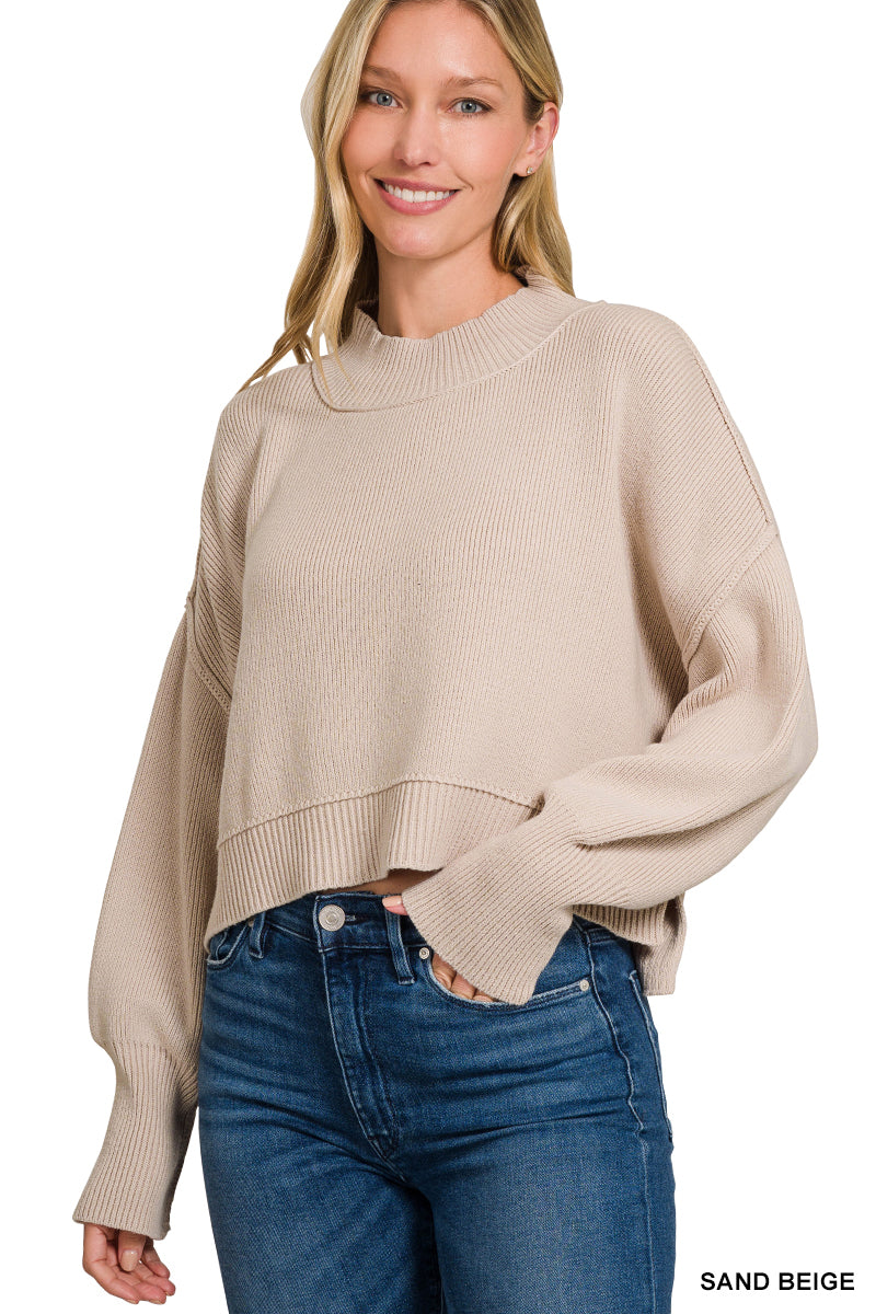 Zenana Sand Beige Mock Neck Crop Sweater