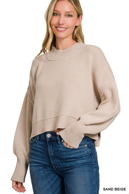 Zenana Sand Beige Mock Neck Crop Sweater