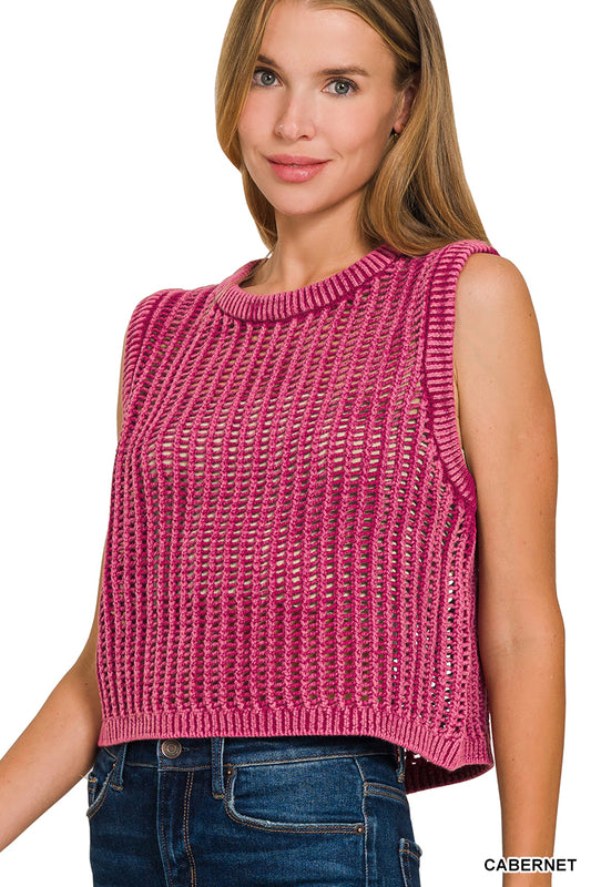 Acid wash fishnet sweater vest with oversized fit