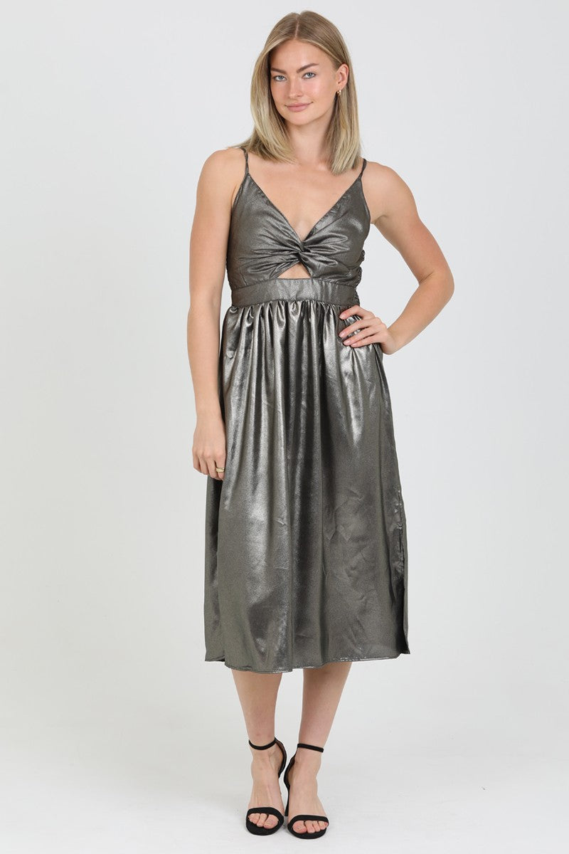 Angie black shimmer mini dress with twist front