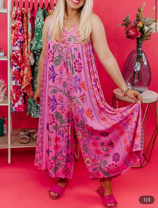 Bright pink floral jumper with button front and pockets
