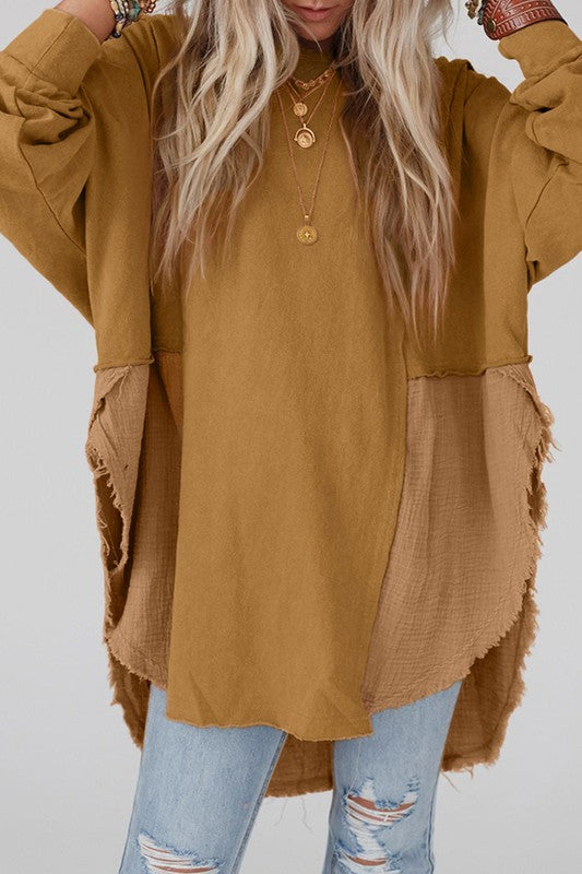 Camel gauze tunic top with oversized fit and raw hem
