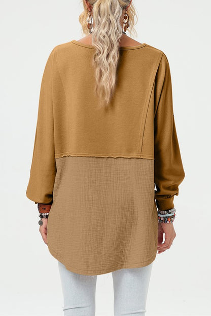 Lightweight camel gauze tunic top with boho-inspired style