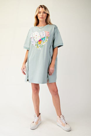Easel pastel teal tee shirt dress with heart appliqué and pocketsv