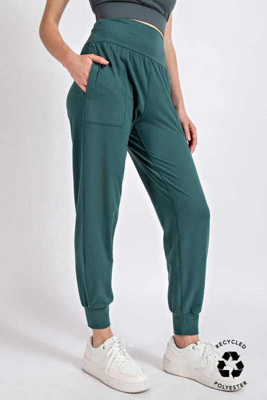 Exposed seam high waist joggers with tapered cuffs