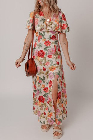 Floral V-neck tie back maxi dress with side slit