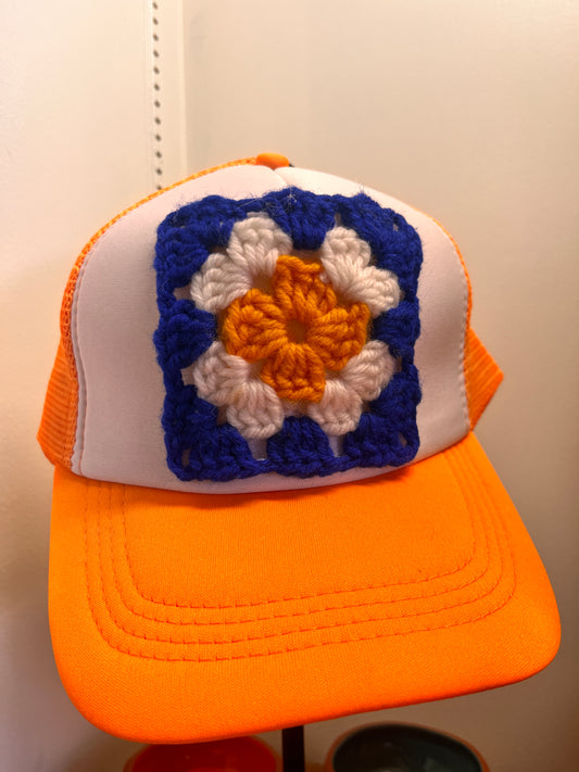 Mama Bird Nest handmade crochet ball cap with colorful granny square patch