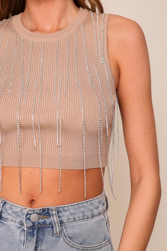 Nude rhinestone tassel tank with sparkling fringe