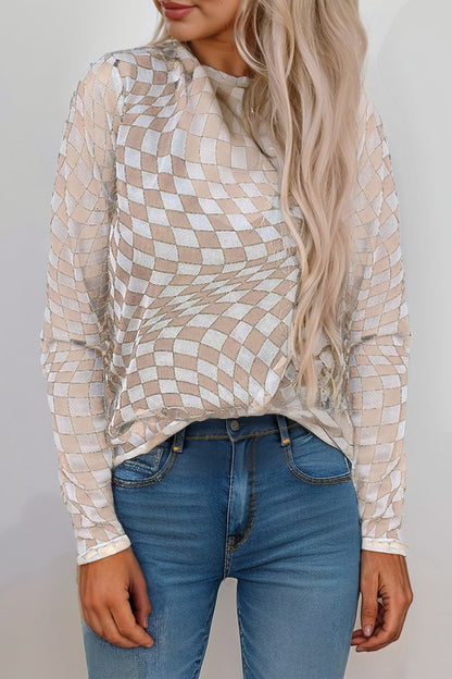 Printed mesh layering top with sheer fabric and slim fit