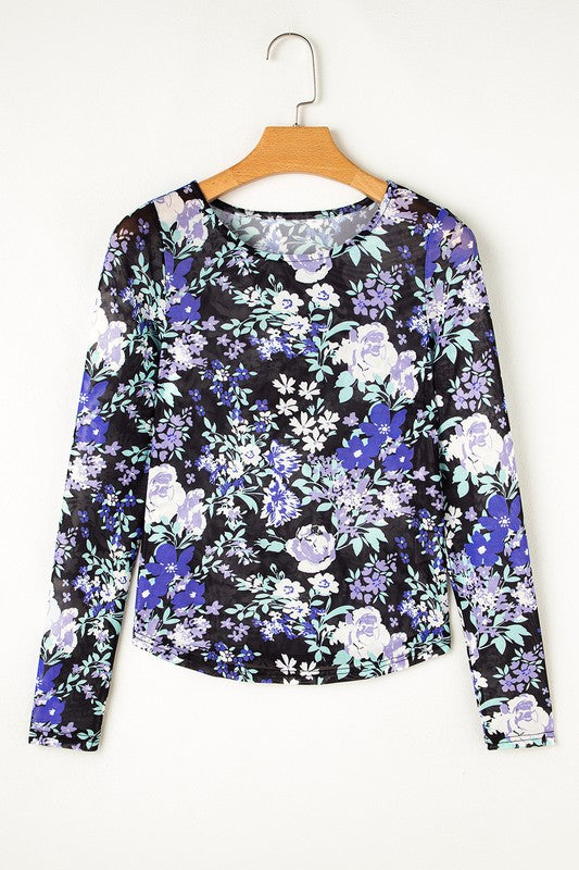 Sheer mesh long sleeve top with bold print design