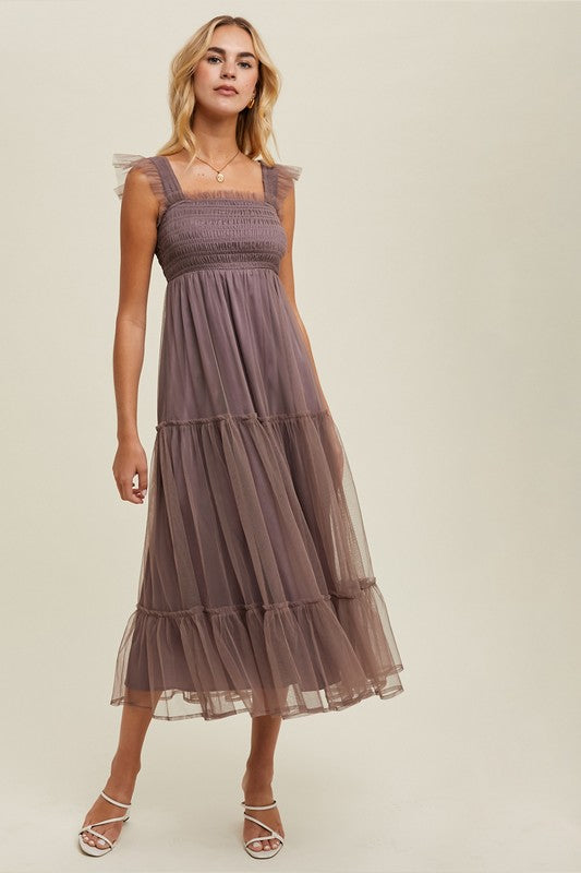Smocked tulle midi dress with ruffle straps and layered skirt at Emporium 23