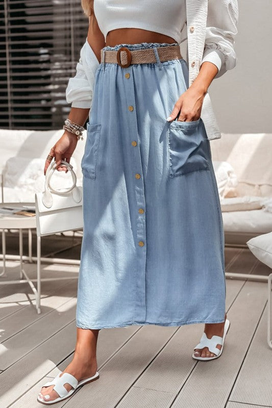 Faux button front Tencel denim midi skirt with pockets