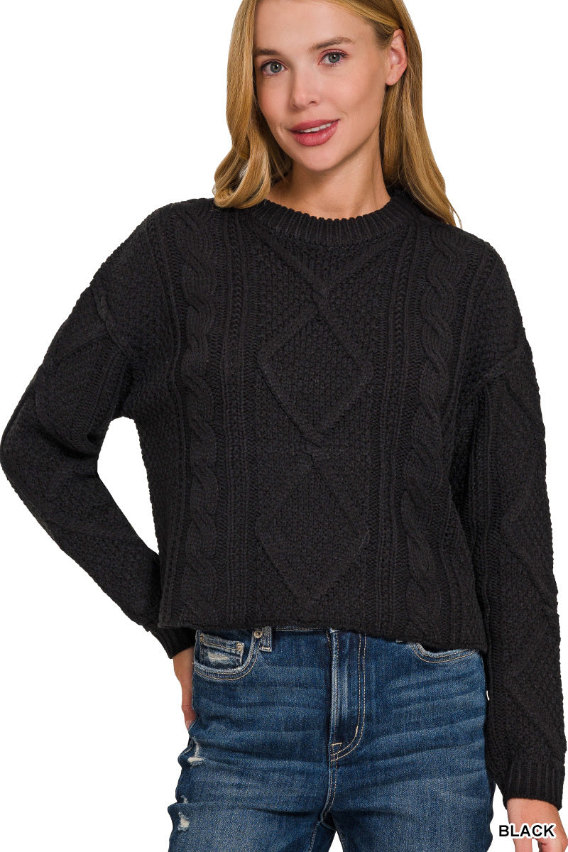 Zenana black cable knit sweater with relaxed fit