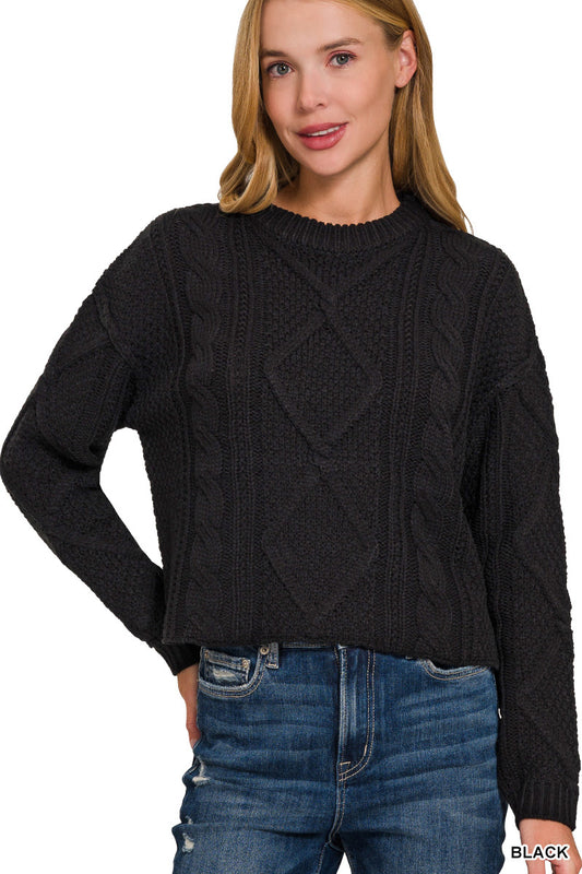 Zenana black cable knit sweater with relaxed fit
