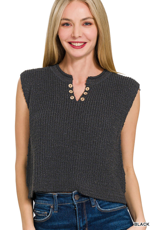 Zenana button detail sweater tank with split neckline