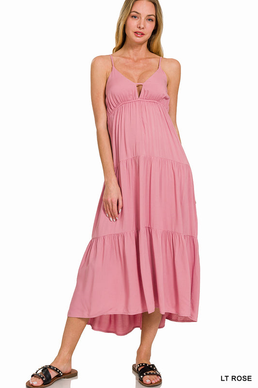 Zenana dusty rose woven cami midi dress with tiered skirt