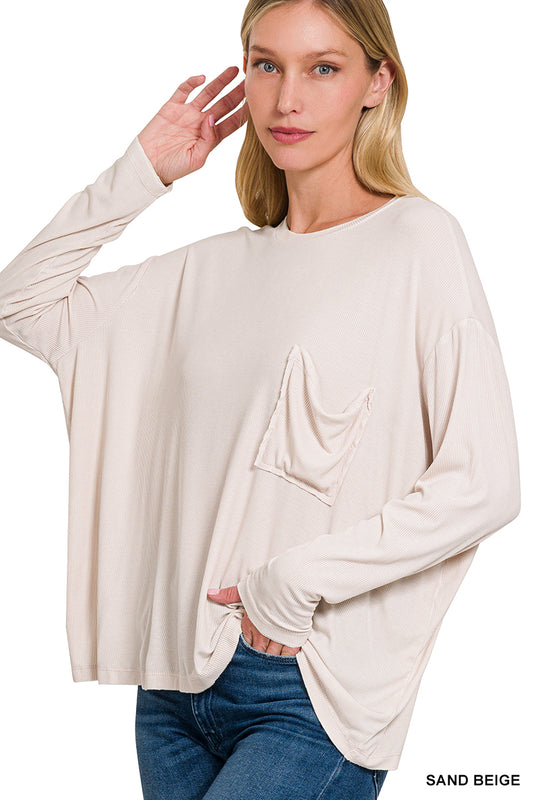 Zenana long sleeve pocket tee with soft stretch fabric