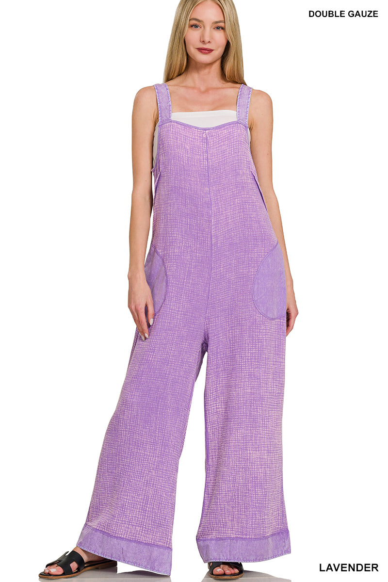 Zenana mineral washed gauze jumpsuit with tie back