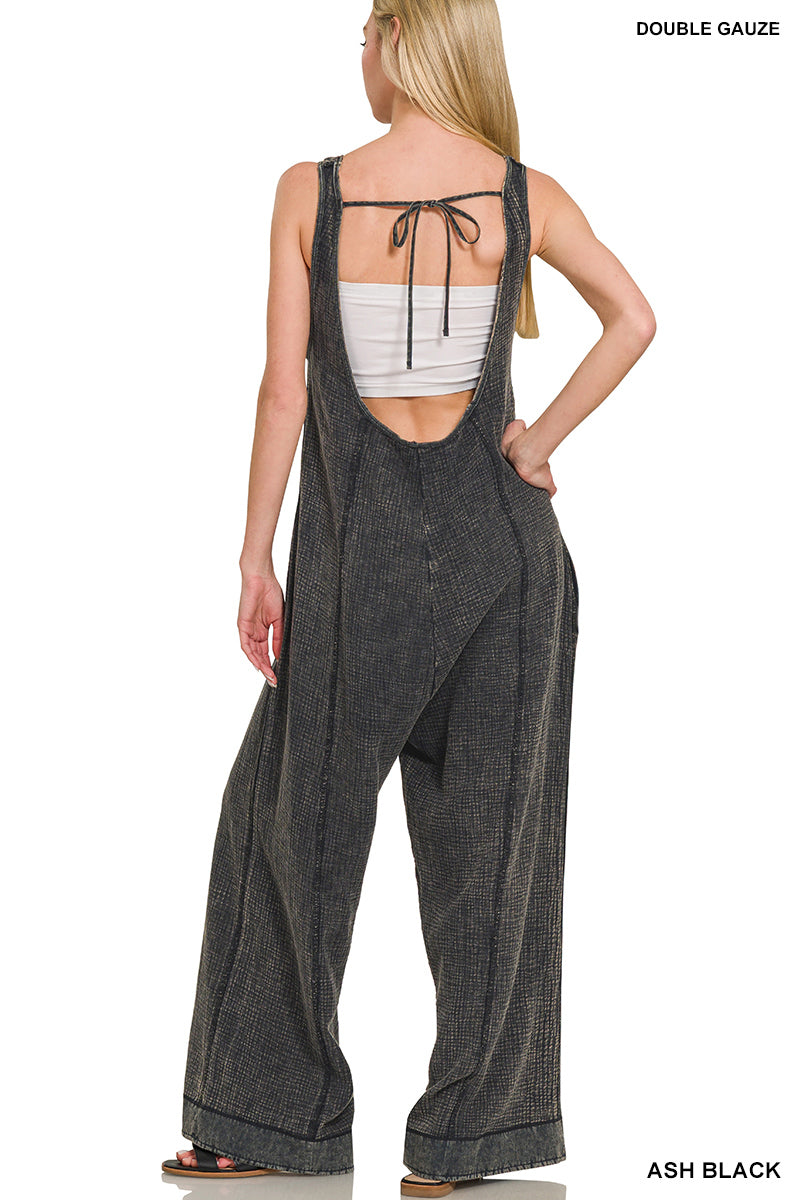 Relaxed wide leg Zenana gauze jumpsuit with pockets
