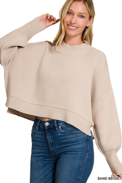 Zenana sand beige mock neck crop sweater with cozy fit