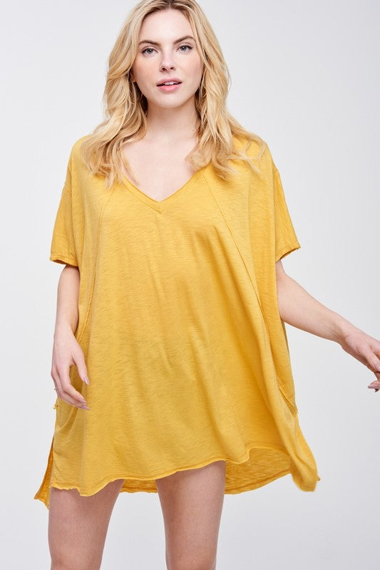 Zutter oversized V-neck tunic tee fabric and neckline closeup
